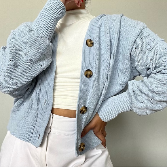 Moon and Madison Button Down Cropped Cardigan | Baby Blue | Size: L | Women - Picture 7 of 7